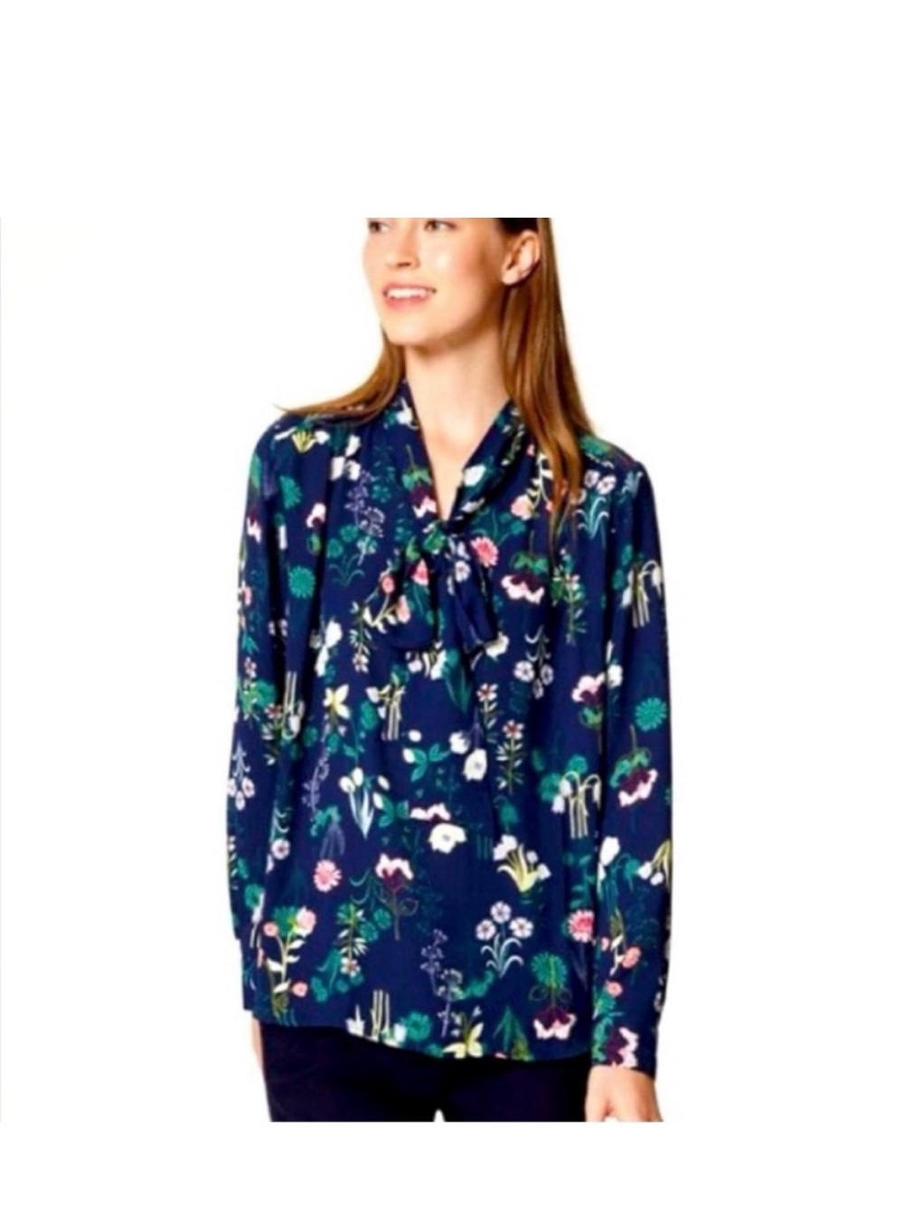 LOFT Navy Floral Bow-Tie Blouse